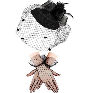 Fascinator Hat for Women Lace Gloves Black Veil for Tea Party Wedding Party
